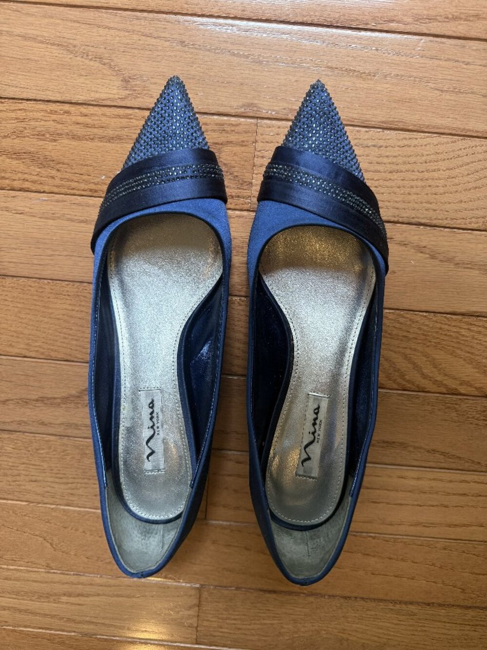 Nina Emmie-YS Navy Blue Satin Crystal Kitten Heel Pumps - Size 9 (With Box)